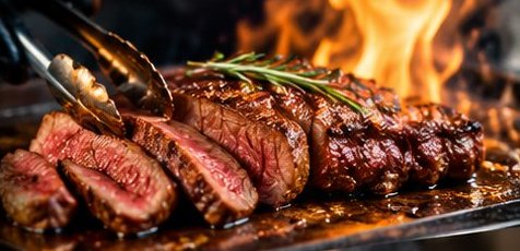 Premium steak grilled over open flame