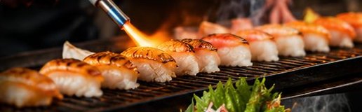 Torched sushi on a Japanese grill